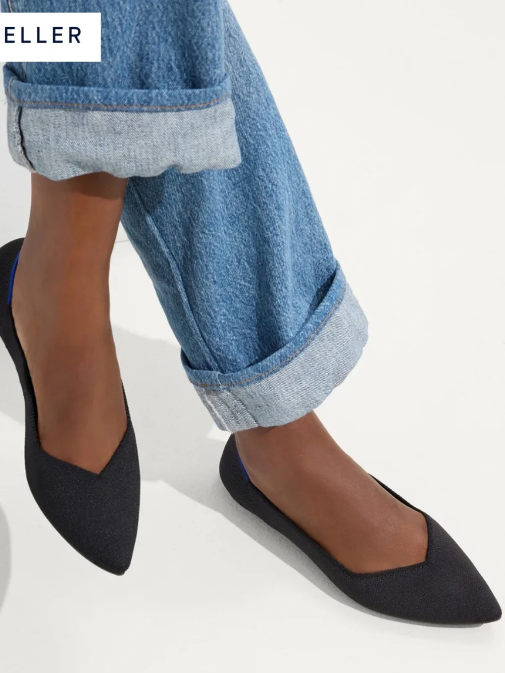 Rothy's Black Pointed Knit Flats with Blue Heel Trim